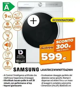 Expert Ww90t734dwh lavatrice 9kg ultrawash ai control libera installazione caricamento frontale 1400 giri/min bianco a offerta