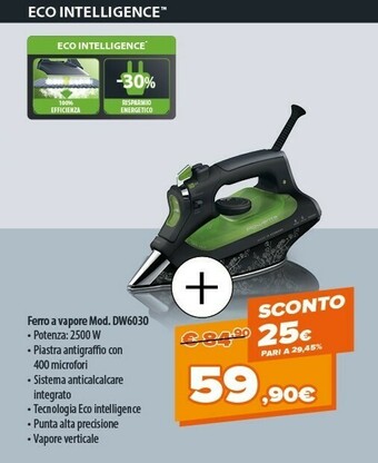 Expert Eco intelligence dw6030 ferro da stiro a vapore, 2500 w, plastica, nero/verde offerta