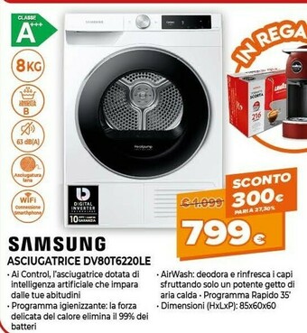 Expert Dv80t6220le asciugatrice libera installazione caricamento frontale 8 kg a+++ bianco offerta