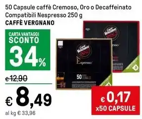 Iper La Grande 50 Capsule caffè Cremoso, Oro o Decaffeinato Compatibili Nespresso 250 g CAFFÈ VERGNANO offerta