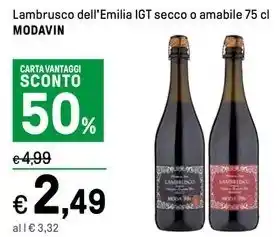 Iper La Grande Lambrusco dell'Emilia IGT secco o amabile 75 cl MODAVIN offerta