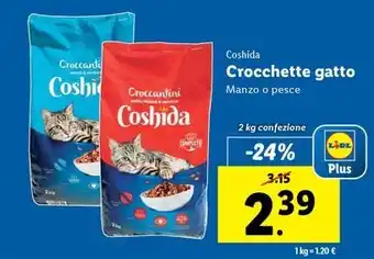 Lidl Coshida Crocchette gatto Manzo o pesce 2 kg confezione offerta