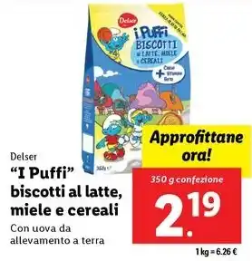 Lidl Delser "I Puffi" biscotti al latte, miele e cereali 350 g confezione offerta