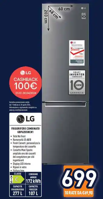 Unieuro LG FRIGORIFERO COMBINATO GBP62DSNCN1 offerta