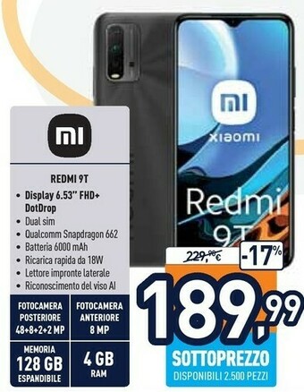Unieuro Redmi 9t 16,6 cm (6.53") doppia sim android 10.0 4g usb tipo-c 4 gb 128 gb 6000 mah blu offerta