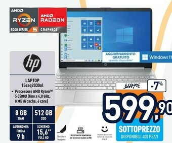 Unieuro 15s-eq2030nl computer portatile 39,6 cm (15.6") full hd amd ryzen 5 8 gb ddr4-sdram 512 gb ssd wi-fi 5 (802.11ac) freedos arg offerta