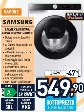 Unieuro Ww90t554dae lavatrice 9kg addwash ai control libera installazione caricamento frontale 1400 giri/min bianco offerta