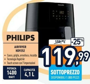 Unieuro Essential hd9252/91 friggitrice singolo 4,1 l indipendente 1400 w friggitrice ad aria calda nero offerta