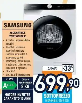Unieuro Dv80t5220ae asciugatrice libera installazione caricamento frontale 8 kg a+++ bianco offerta