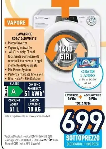 Unieuro Rapidó ro 14104dwme/1-s lavatrice libera installazione caricamento frontale 10 kg 1400 giri/min a bianco offerta