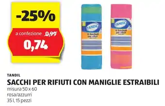 ALDI TANDIL SACCHI PER RIFIUTI CON MANIGLIE ESTRAIBILI 35 l, 15 pezzi offerta