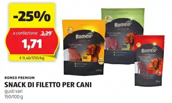 ALDI ROMEO PREMIUM SNACK DI FILETTO PER CANI gusti vari 150/100 g offerta