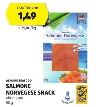 ALDI ALMARE SEAFOOD SALMONE NORVEGESE SNACK affumicato 50 g offerta