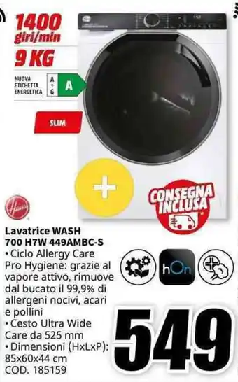 MediaWorld Hoover Lavatrice WASH 700 H7W 449AMBC-S offerta