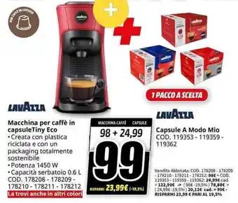 MediaWorld LAVAZZA Macchina per caffè in capsuleTiny Eco + LAVAZZA Capsule A Modo Mio offerta