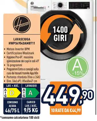 Unieuro HOOVER LAVASCIUGA HWPS4954DAMB711 offerta