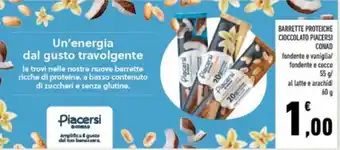 Conad BARRETTE PROTEICHE CIOCCOLATO PIACERSI CONAD fondente e vaniglia/ fondente e cocco 55 g/ al latte e arachidi 60 g offerta