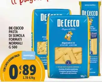 Deco Supermercati DE CECCO PASTA DI SEMOLA FORMATI NORMALI offerta