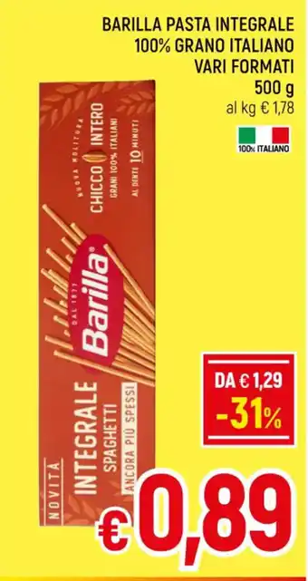 A&O BARILLA PASTA INTEGRALE 100% GRANO ITALIANO VARI FORMATI 500 g offerta