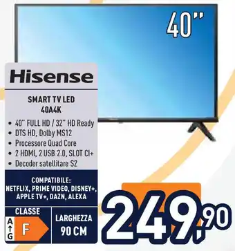 Unieuro Hisense SMART TV LED 40A4K offerta