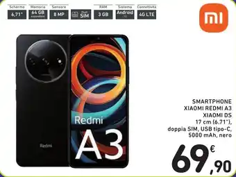 Spazio Conad SMARTPHONE XIAOMI REDMI A3 XIAOMI DS 17 cm (6.71"), doppia SIM, USB tipo-C, 5000 mAh, nero offerta