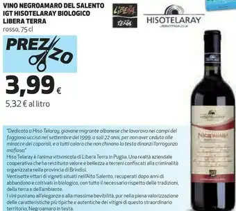 Coop Vino negroamaro del salento igt hisotelaray biologico offerta
