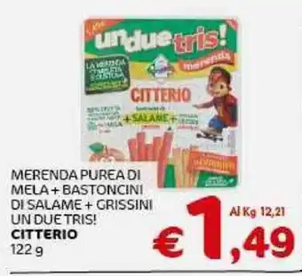 Crai MERENDA PUREA DI MELA+BASTONCINI DI SALAME+ GRISSINI UN DUE TRIS! CITTERIO 122 g offerta