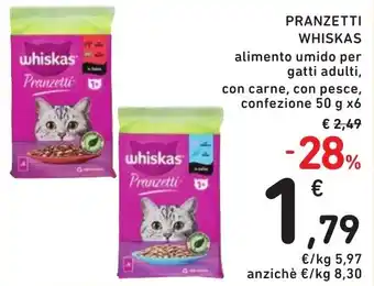 Spazio Conad PRANZETTI WHISKAS alimento umido per gatti adulti, con carne, con pesce, confezione 50 g x6 offerta