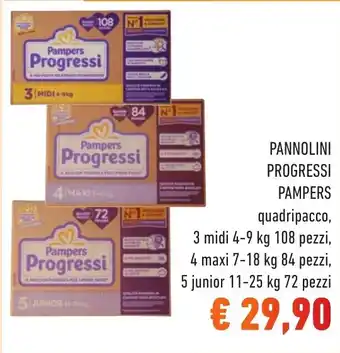 Spazio Conad PANNOLINI PROGRESSI PAMPERS quadripacco, 3 midi 4-9 kg 108 pezzi, 4 maxi 7-18 kg 84 pezzi, offerta