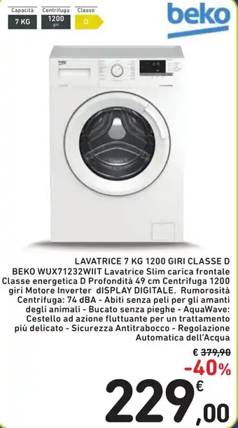 LAVATRICE 7 KG 1200 GIRI CLASSE D BEKO WUX71232WIIT