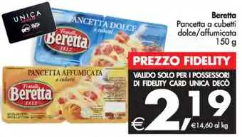 Deco Supermercati Beretta Pancetta a cubetti dolce/affumicata 150 g offerta