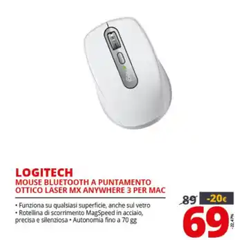 Comet Logitech Mouse Bluetooth A Puntamento Ottico Laser MX Anywhere 3 Per Mac offerta
