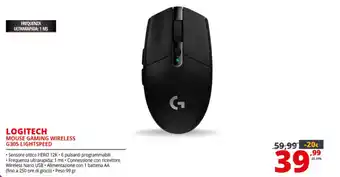 Comet Logitech Mouse Gaming Wireless G305 Lightspeed offerta