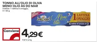 Coop TONNO ALL'OLIO DI OLIVA MENO OLIO ÀS DO MAR 3 lattine +1 lattina in omaggio, 4 x 60 g offerta