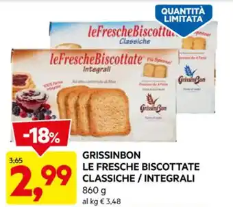 DPiù GRISSINBON LE FRESCHE BISCOTTATE CLASSICHE/INTEGRALI  860 g offerta