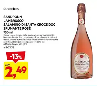 DPiù SANDROUN LAMBRUSCO SALAMINO DI SANTA CROCE DOC SPUMANTE ROSÈ 750 ml offerta