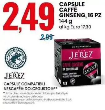 Eurospin CAPSULE CAFFÈ GINSENG, 16 PZ 144 g offerta