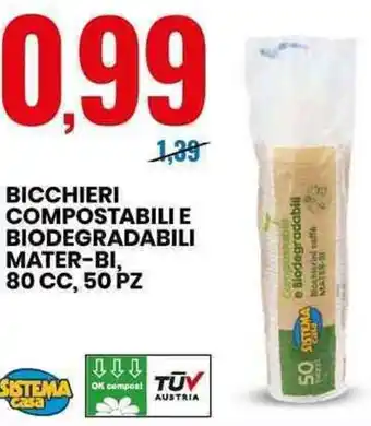 Eurospin BICCHIERI COMPOSTABILI E BIODEGRADABILI MATER-BI, 80 CC, 50 PZ offerta