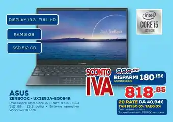 Euronics Zenbook 13 ux325ja-eg064r lpddr4x-sdram computer portatile 33,8 cm (13.3") 1920 x 1080 pixel intel® core™ i5 di decima genera offerta