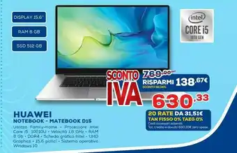 Euronics Matebook d 15 computer portatile 39,6 cm (15.6") full hd intel® core™ i5 di decima generazione 8 gb ddr4-sdram 512 gb ssd wi- offerta