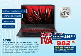 Euronics Nitro 5 an515-55-745w computer portatile 39,6 cm (15.6") full hd intel® core™ i7 di decima generazione 16 gb ddr4-sdram 512 g offerta