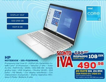 Euronics 15s-fq2064nl computer portatile 39,6 cm (15.6") hd intel® core™ i3 di undicesima generazione 8 gb ddr4-sdram 256 gb ssd wi-fi offerta