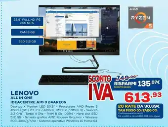 Euronics Ideacentre 3 60,5 cm (23.8") 1920 x 1080 pixel amd ryzen 5 8 gb ddr4-sdram 512 gb ssd wi-fi 5 (802.11ac) pc all-in-one nero offerta