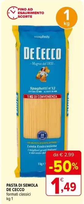 Iperal PASTA DI SEMOLA DE CECCO formati classici kg 1 offerta