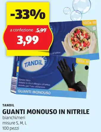 ALDI TANDIL GUANTI MONOUSO IN NITRILE bianchi/neri misure S, M, L 100 pezzi offerta