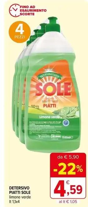 Iperal DETERSIVO PIATTI SOLE limone verde It 1,1x4 offerta