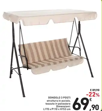 Spazio Conad DONDOLO 3 POSTI struttura in acciaio, tessuto in poliestere Dimensioni: L170 x P110 x H153 cm offerta