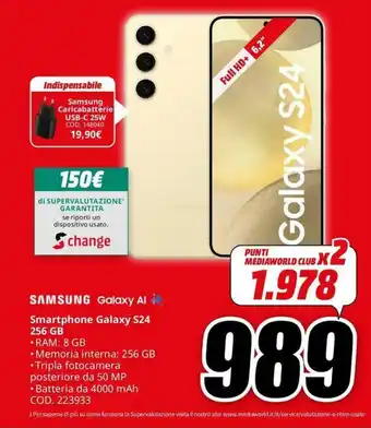 MediaWorld SAMSUNG Smartphone Galaxy S24 256 GB offerta