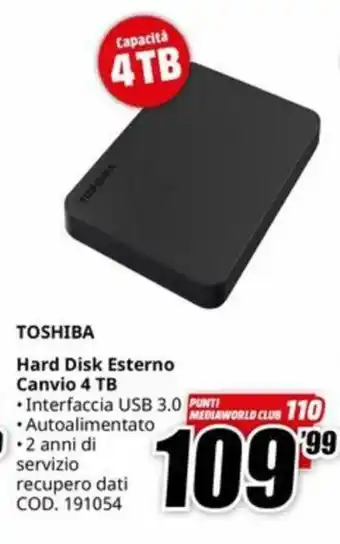 MediaWorld TOSHIBA Hard Disk Esterno Canvio 4 TB offerta