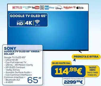 Euronics SONY GOOGLE TV OLED 65" XR65A-80LAEP offerta